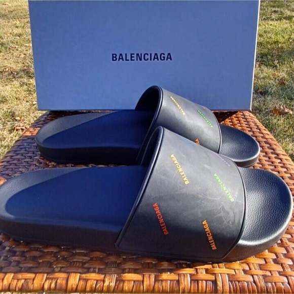 Balenciaga Pool Slides Men's Black Muti Colored Logo Pride US12 EU45 - Picture 2 of 10